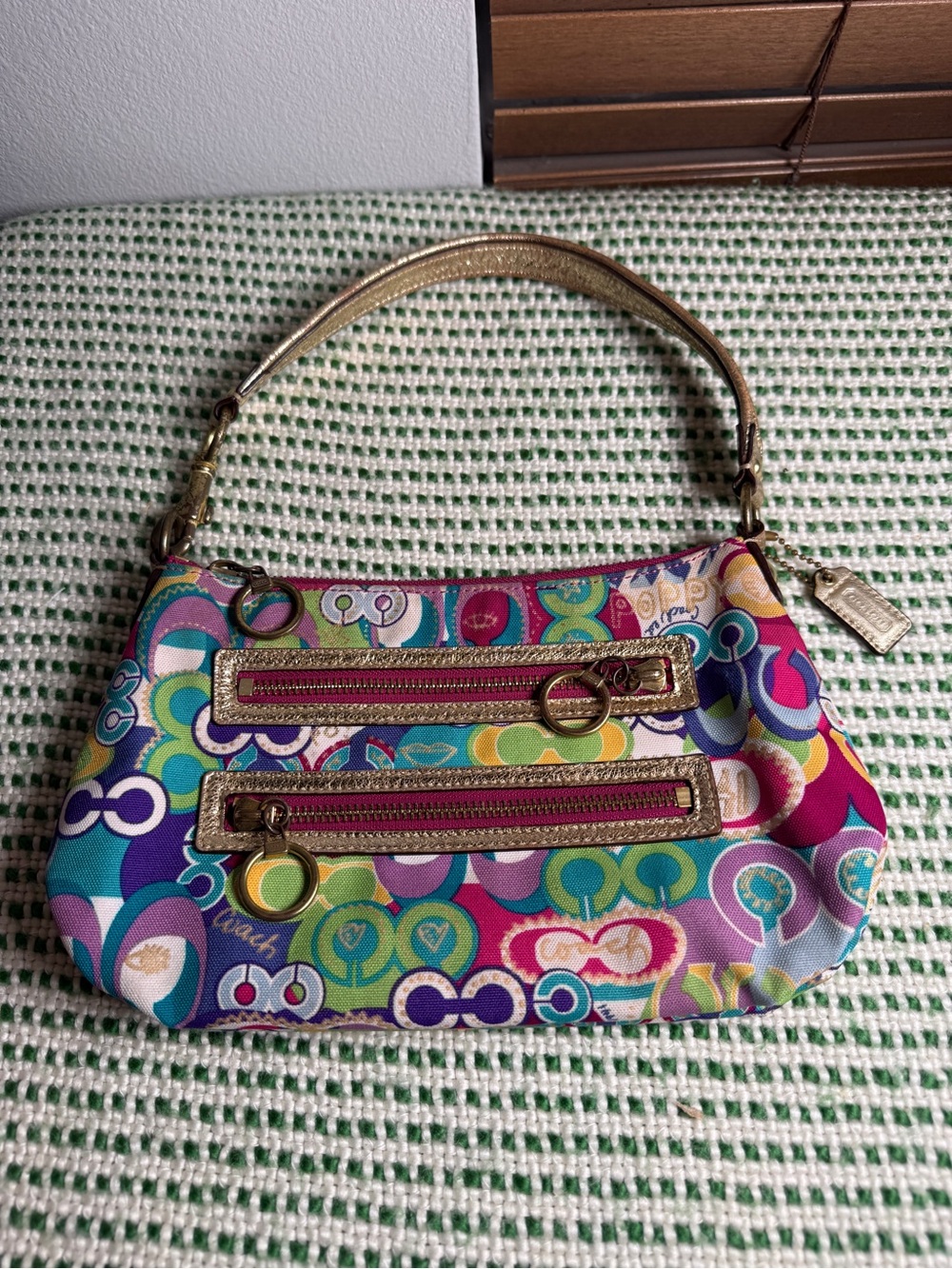 Coach Multicolor Signature Pattern Wristlet with Gold Accents